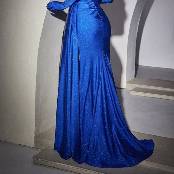 NEW ROYAL SHIMMERING OFF THE SHOULDER SLEEVELESS DRESS WITH ZIPPER BACK CD988